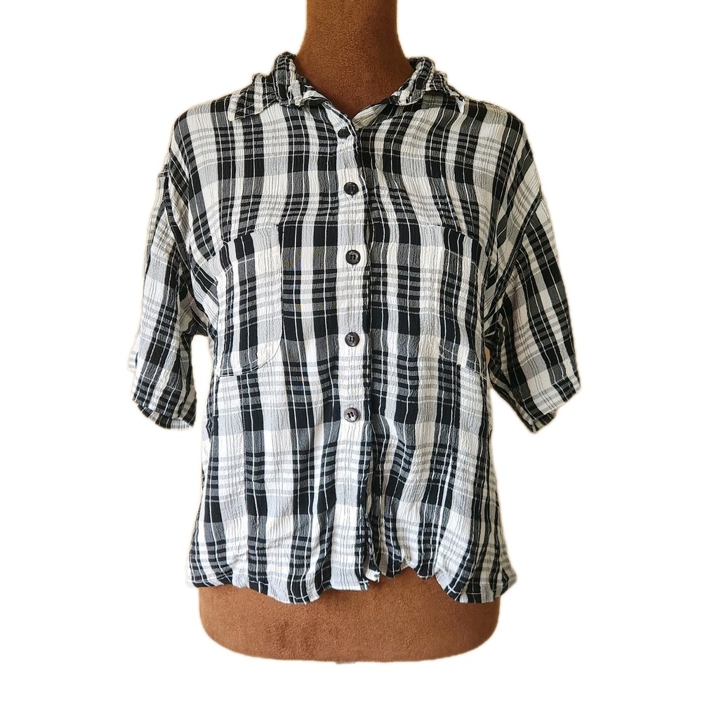 Bogari Women's Blouse Button Up‎ Plaid Crop Top Crinkle 90s Black White M
